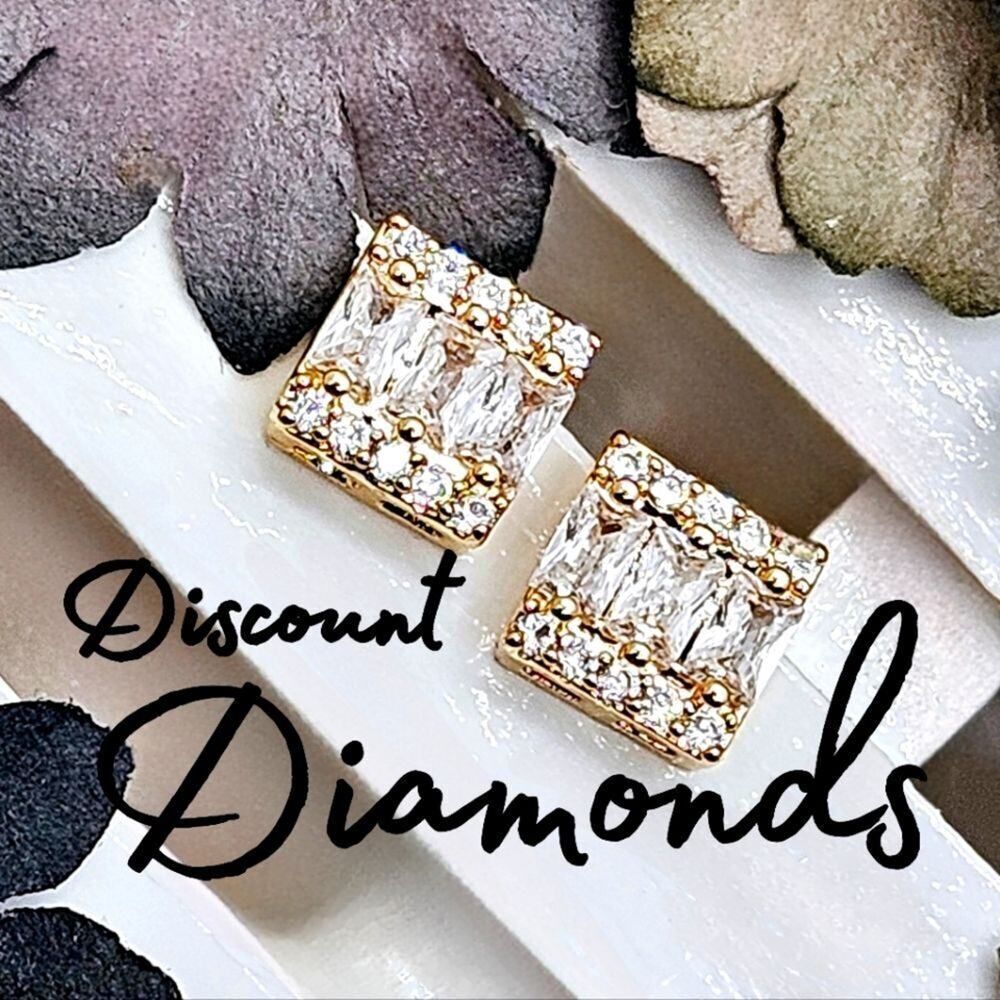 Dainty 18K Yellow Gold Square Baguette Diamond Earrings on 925 Silver